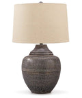 Dope Industrial Vintage Metal Table Lamp With Antiqued Brown Finish, 29.5 Inch Tall, Handcrafted Detailing, urn-shaped base, fabric shade