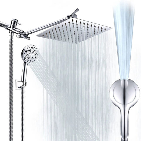 8 Inch High Pressure Rain Shower Head With 11 Inch Extension Arm And 10 Mode Handheld Set Chrome Finish