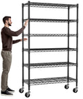 Heavy Duty 6 Tier Wire Shelving Rack On Wheels NSF Certified Steel Shelves With 2100Lbs Capacity Adjustable Height Beefy Construction Built To Last Ideal For Closet Pantry Basement 18x45x82 Inches Black, man beside black 6-tier wire rack