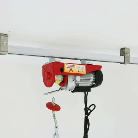 Electric hoist installed on Heavy Duty 5 Feet Strut Channel Trolley Track Built To Last For Wheel Trolley Assemblies, 1-5/8 Inch Height And Width, 12 Gauge Steel U Channel With Short Slotted Back, Pre-Galvanized Zinc Finish For Durability, Pack Of 2 in industrial setting.