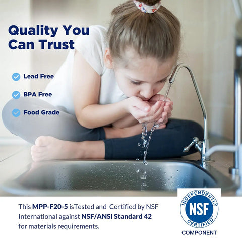Young girl drinking water from kitchen faucet, emphasizing quality with NSF certification symbols visible.