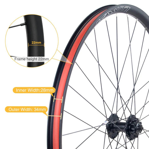 All Terrain Mountain Wheelset For 26, 27.5 And 29 Inch Bikes With 14G Spokes And ED Nipples, wheel rim dimensions marked