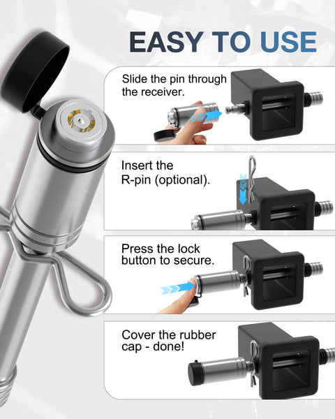 Instruction steps for using a Beefy Extra Long Four And A Half Inch Trailer Hitch Lock Pin For Two Inch, Two Point Five Inch And Three Inch Receivers Stainless Steel Heavy Duty Security Pin Universal Fit For Trucks And Towing Accessories.