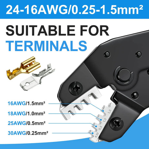 Heavy Duty Ratchet Wire Crimper Tool Hella Tight Grip For Open Barrel Terminal Connectors compatible with 24-16 AWG terminals.