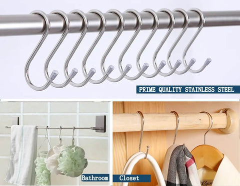 20 Pack 3.4 Inch Stainless Steel S Shaped Hooks Heavy Duty Hangers for kitchen, bathroom, and closet hanging towels and coats.