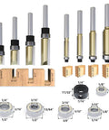 8 Piece Trim Router Bit Set With 4 Flush Trim Bits And 4 Pattern Bits Includes 6 Bearings And 2 Wrenches Made For Easy Pro Level Woodworking And Sharp Precise Cuts On Wooden Materials.