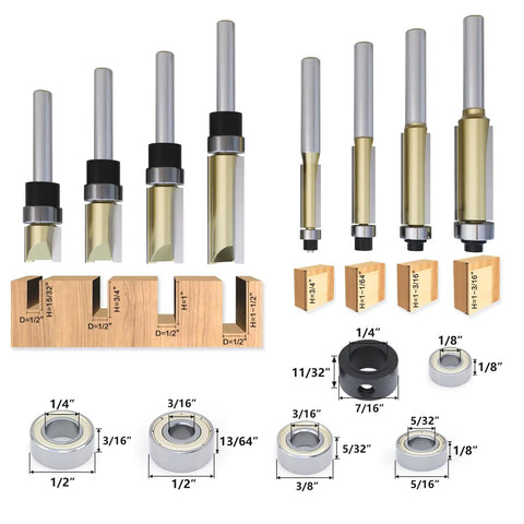 8 Piece Trim Router Bit Set With 4 Flush Trim Bits And 4 Pattern Bits Includes 6 Bearings And 2 Wrenches Made For Easy Pro Level Woodworking And Sharp Precise Cuts On Wooden Materials.
