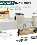 St64 14 Gauge Pneumatic Concrete T Nailer With 400 Concrete T Nails, die-cast aluminum body, manual, toolkit, and nails package.