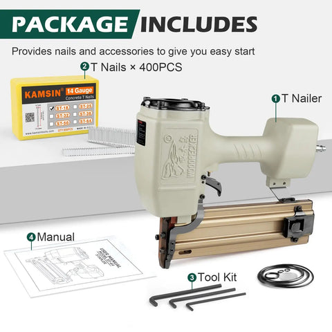 St64 14 Gauge Pneumatic Concrete T Nailer With 400 Concrete T Nails, die-cast aluminum body, manual, toolkit, and nails package.