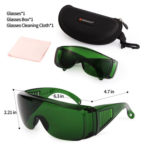 Fit-Over Laser Safety Glasses For Hair Removal And Cosmetology, Pro-Grade Oversized Green Lens, set with case and cloth