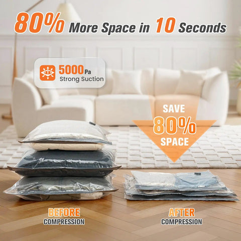 Ultimate 15 Pack Vacuum Storage Bags With Cordless Pump before and after compression, showing 80% space savings.
