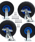 Pack of 4 Heavy Duty Industrial Caster Wheels With Pneumatic Casters And Top Plate, swivel rollers, steel hub, rubber tires visible.