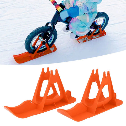 Child riding bike with Snow Sledge Board Set For Kids Balance Bike And Scooter Turns Your Ride Into A Fun Winter Sled Portable Orange