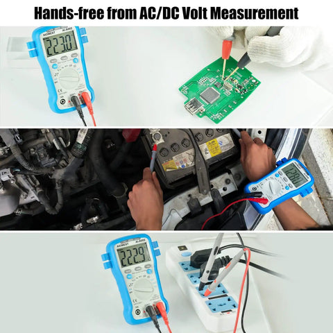 Go-To All-In-One 6000 Counts TRMS Digital Multimeter With Auto Ranging measuring voltage on circuit board and car battery