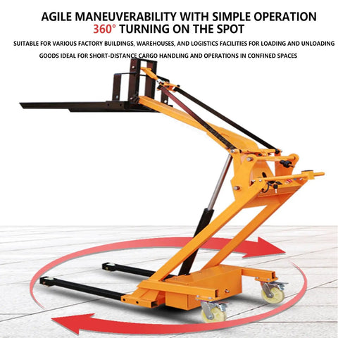 Heavy Hitter Foldable Electric Forklift With Hydraulic Material Handler Lightweight Portable Articulated Stacker demonstrating 360° turning capability.
