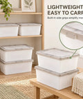 Crushing Clutter Game Changer Heavy Duty Plastic Storage Totes With Secure Snap On Lids 6 Pack stacked on a shelf, featuring side grips.