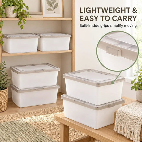 Crushing Clutter Game Changer Heavy Duty Plastic Storage Totes With Secure Snap On Lids 6 Pack stacked on a shelf, featuring side grips.