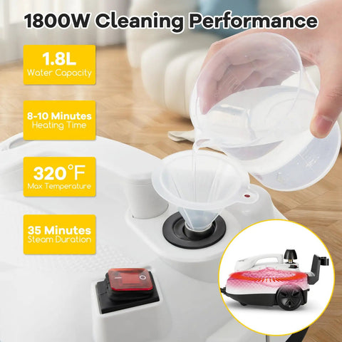 Smooth Glide Steam Cleaner With Safety Trigger And 61 Oz Tank 1800W High Heat Vapor Blaster filling water with funnel.