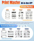 Print Master all-in-one app interface showcasing free perks, fonts, emojis, and templates for easy label creation.