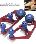 Rugged Woodworking Bearing Feeder Set with Sliding Blocks Table Saw Feed Guide Roller Featherboard showing adjustable dual rollers and brackets.