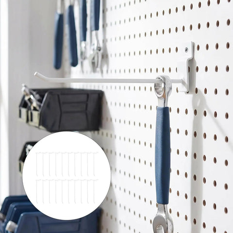20 Pack White Iron Slatwall Hooks With 4mm Rod Thickness And 7.48 Inch Length, Heavy Duty Grid Wall And Pegboard Display Hooks in use