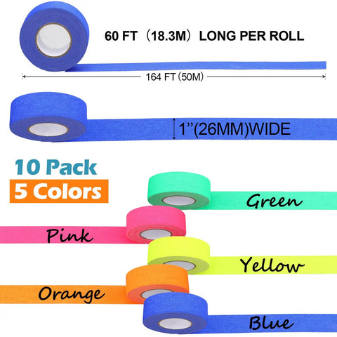 10 Roll Gaffers Tape Kit 1 Inch By 20 Yards Heavy Duty Neon Fluorescent UV Blacklight Reactive Tape 5 Colors