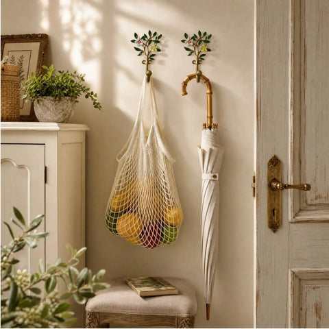 Vintage Flower Wall Hooks, Distressed Metal Coat Rack Set, Ace Farmhouse Entryway Organizer with a woven bag and umbrella.