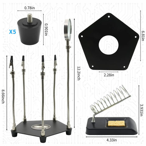 Helping Hand Soldering Third Hand Tool With Flexible Arms And Soldering Iron Stand PCB Holder components and dimensions