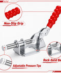 12 Pack 302F Toggle Clamps 300 Pound Heavy Duty Push Pull Hold Down For Woodworking With 180 Degree Swivel Handle Knockout Grip and Boss Level Workshop Tools close-up showing non-slip grip and adjustable pressure tips.