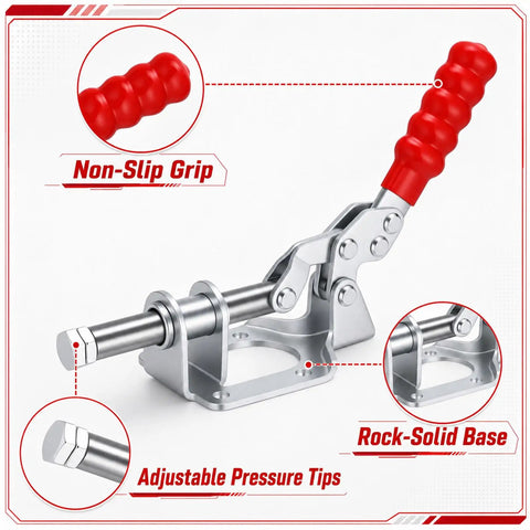 12 Pack 302F Toggle Clamps 300 Pound Heavy Duty Push Pull Hold Down For Woodworking With 180 Degree Swivel Handle Knockout Grip and Boss Level Workshop Tools close-up showing non-slip grip and adjustable pressure tips.