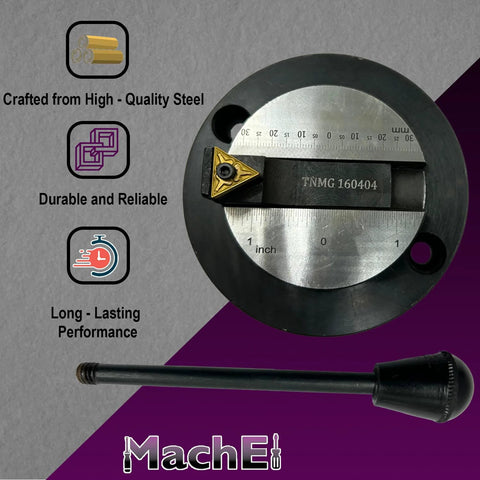 MachE ball turning attachment for lathe, steel body with black exterior and silver circular dial