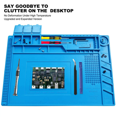 Pro Grade Heat Resistant Solder Pad With Anti Static Magnetic Silicone Large Workbench Pad With Built In Scale For Cell Phones Computers And Electronics Repairs 17.7 By 11.8 Inches Blue The Must Have DIY Tech Fix Station, with tools and circuit board