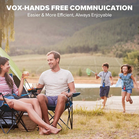 Family using Long Range Rechargeable Walkie Talkies For Adults And Kids 4 Pack With SOS Siren NOAA Weather Alerts in a camping scene