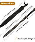 Hand Forged Knight Sword In Spring Steel 35 Inch Full Tang Medieval Blade with dimensions and leather sheath shown