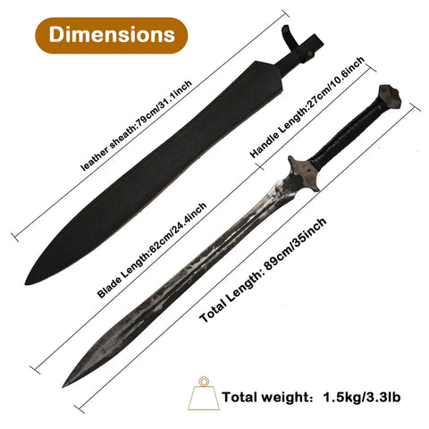 Hand Forged Knight Sword In Spring Steel 35 Inch Full Tang Medieval Blade with dimensions and leather sheath shown