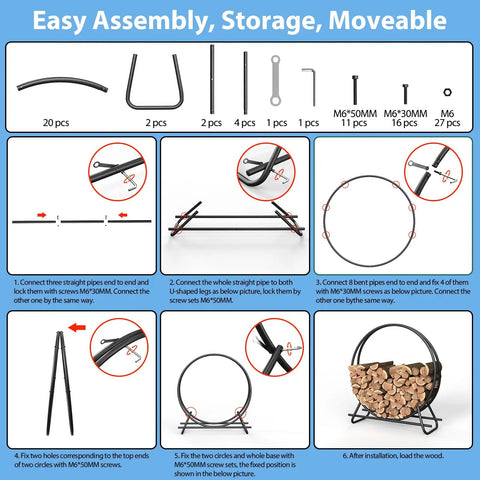 Assembly instructions for Heavy Duty Circular Firewood Rack 4 Foot Diameter Made From Black Steel Pipes For Indoor And Outdoor Use Log Holder And Firewood Storage Organizer For Fireplace Patio And Backyard.