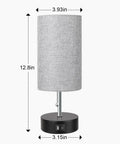 Three Color Temperature Bedside Lamp With USB A Port And USB C Port, No Frills Compact Nightstand Table Lamp For Bedroom And Living Room, 9W LED Bulb Included, Pull Chain Dimmable, Gray Finish, 12.8 inches tall with dimensions shown.