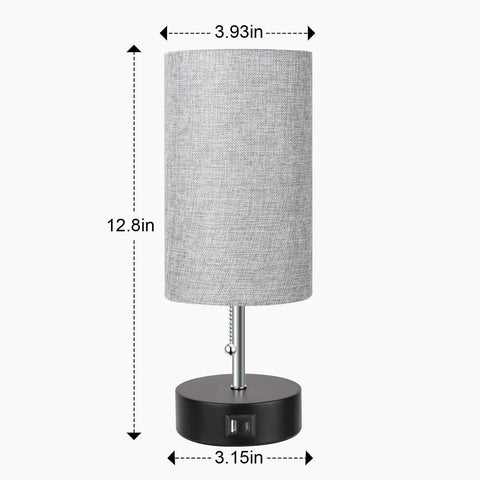 Three Color Temperature Bedside Lamp With USB A Port And USB C Port, No Frills Compact Nightstand Table Lamp For Bedroom And Living Room, 9W LED Bulb Included, Pull Chain Dimmable, Gray Finish, 12.8 inches tall with dimensions shown.