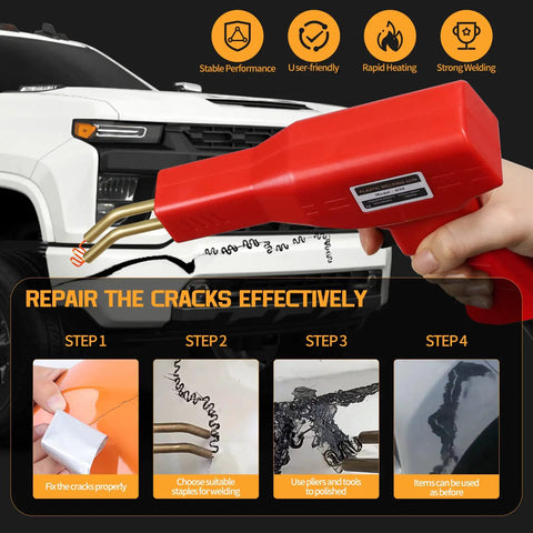 Hand using Dope Plastic Welding Kit For Car Bumpers With Six Types And 1050 Staples Pro DIY Repair Tool on cracked bumper.