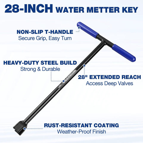 Heavy Duty 28 Inch Water Meter Key With 4 Way Utility Key And Non Slip T Handle For Extended Reach Shut Off Curb Valves Ideal For Outdoor Underground Water Valves And Rural Municipal Use, steel T-handle
