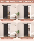 Slim 28 By 84 Inch Wave Shape Black Sliding Barn Door With Hardware Kit, Four Panel, shown in different rooms