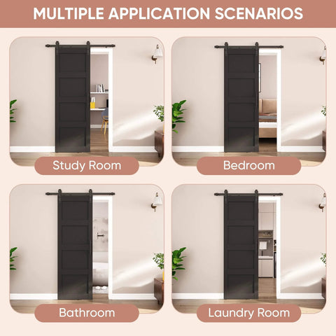 Slim 28 By 84 Inch Wave Shape Black Sliding Barn Door With Hardware Kit, Four Panel, shown in different rooms