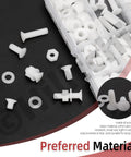 Badass White Nylon Pan Head Screw Kit M4 X 4 To 12 Mm Six Piece Assortment with hex nuts and flat washers on a black background.