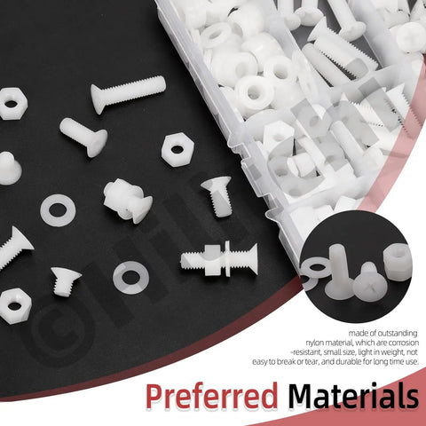 Badass White Nylon Pan Head Screw Kit M4 X 4 To 12 Mm Six Piece Assortment with hex nuts and flat washers on a black background.