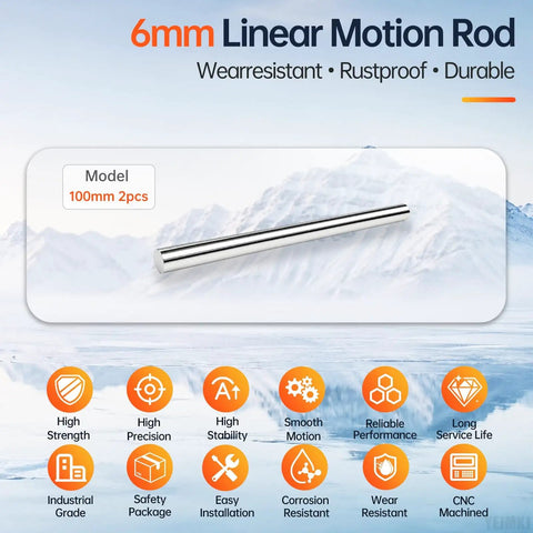 Smooth As Hell 2 Pcs 6mm By 100 Mm Linear Motion Rods For Stable Guide Shaft Rail Systems Made Of Top Grade C45 Steel For Fasteners And DIY Builds on a snowy background.