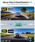 4K Front And Rear Dash Cam With 170 Degree Ultra Wide View displaying front 170° and rear 150° coverage with 4K and 2K resolution.