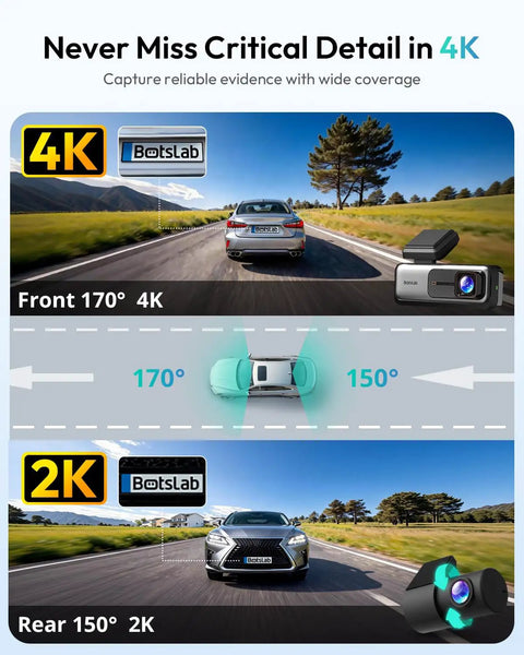 4K Front And Rear Dash Cam With 170 Degree Ultra Wide View displaying front 170° and rear 150° coverage with 4K and 2K resolution.