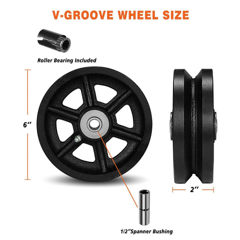 Built Tough Cast Iron V Groove Track Wheels With Precision Roller Bearings For Heavy Hauling Industrial Carts And Smooth Gliding Gate Replacement Systems 6 Inch Black 4 Pack showing side and front views with dimensions.