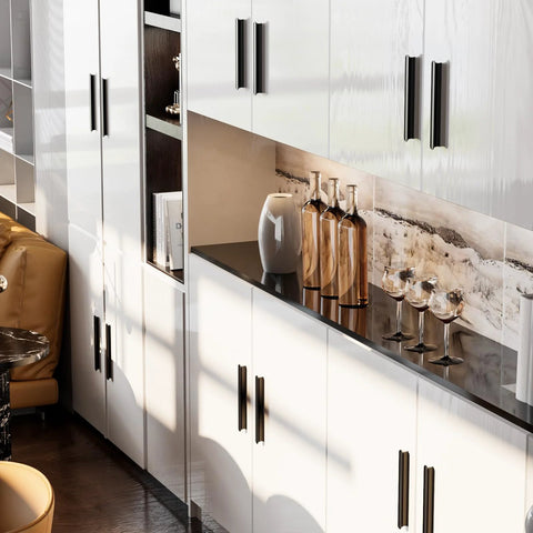 10 Pack Matte Black Cabinet Handles For Kitchen And Bathroom Renovations With 3 Inch Center To Center Hole Spacing installed on white cabinets.