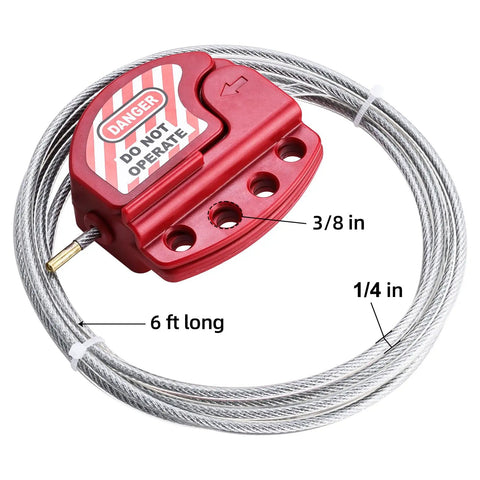 Rock Solid Adjustable Lockout Tagout Cable Locks Six Foot Steel Security Cables With Vinyl Coating visible with red locking mechanism and steel cable.